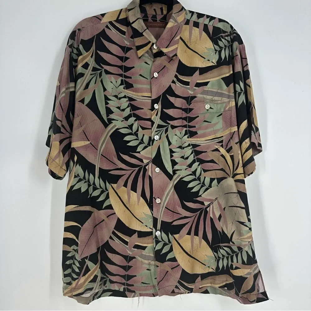 TORI RICHARD Casual Hawaiian Tropical Floral Button Down Short Sleeve Shirt Sz L